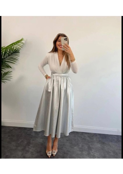 Metalik Silver Midi Etek