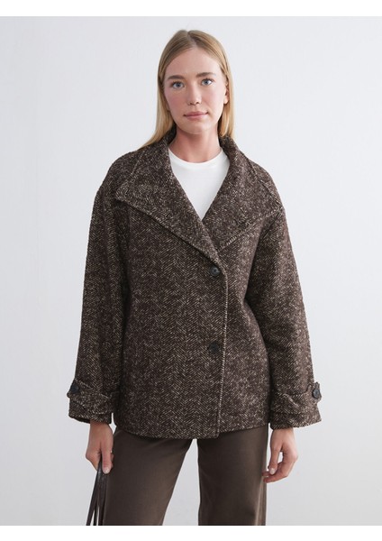 Yeni Sezon Dik Yaka Desenli Oversize Kadın Kaşe Kaban