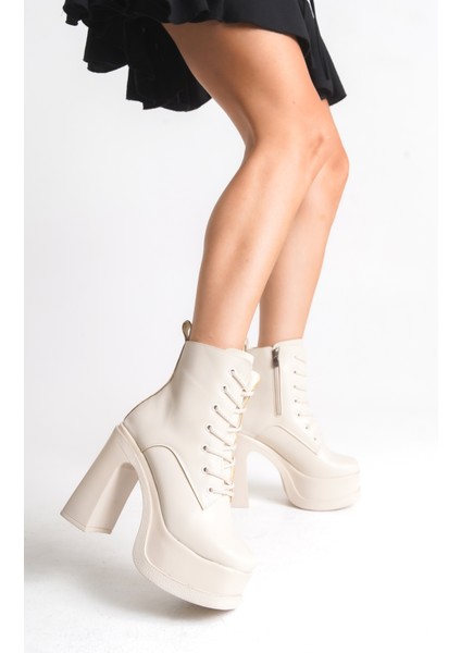 Kadın Kalın Taban Platform Yüksek Topuk Bağcıklı Fermuarlı Bot