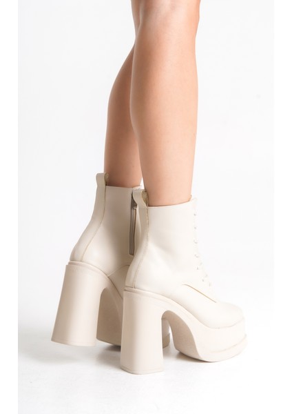 Kadın Kalın Taban Platform Yüksek Topuk Bağcıklı Fermuarlı Bot