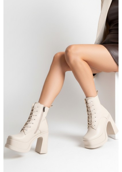 Kadın Kalın Taban Platform Yüksek Topuk Bağcıklı Fermuarlı Bot