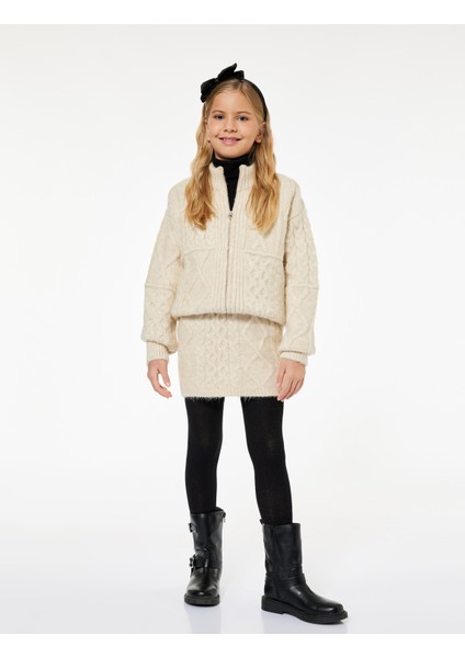 Saç Örgü Dokulu Uzun Kollu Fermuarlı Triko Hırka