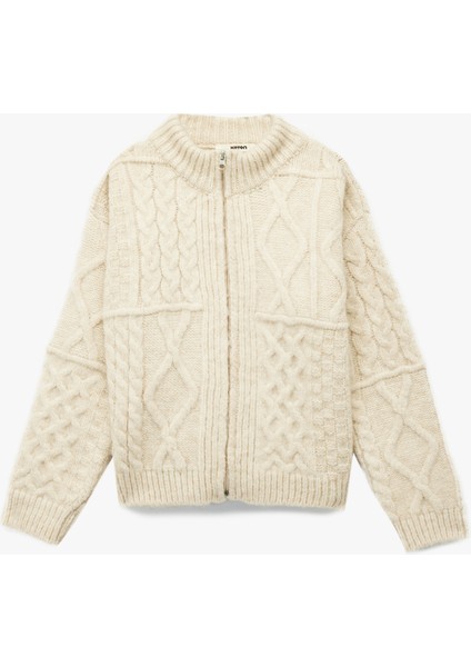 Saç Örgü Dokulu Uzun Kollu Fermuarlı Triko Hırka fırsatları