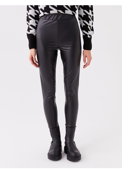 Yeni Sezon Beli Lastikli Deri Görünümlü Kadın Tayt modelleri