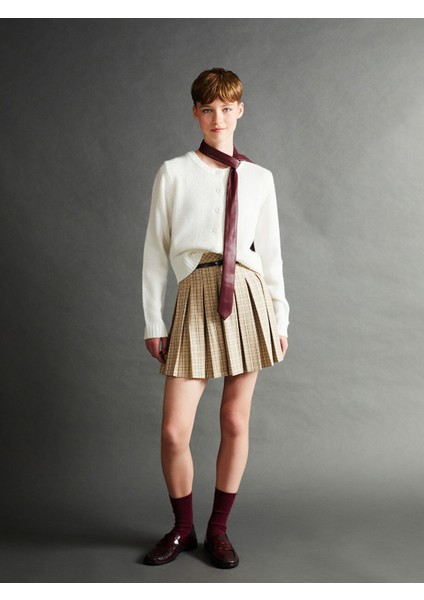 Yeni Sezon Beli Kemerli Ekose Kadın Pileli Etek