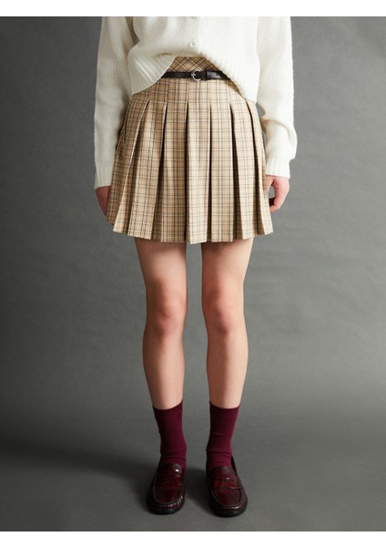 Yeni Sezon Beli Kemerli Ekose Kadın Pileli Etek fiyatları