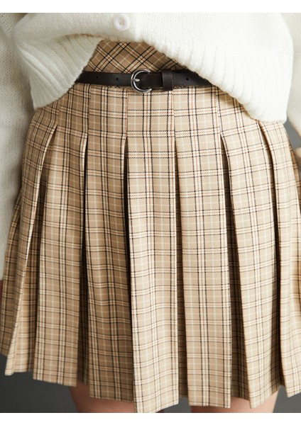 Yeni Sezon Beli Kemerli Ekose Kadın Pileli Etek modelleri