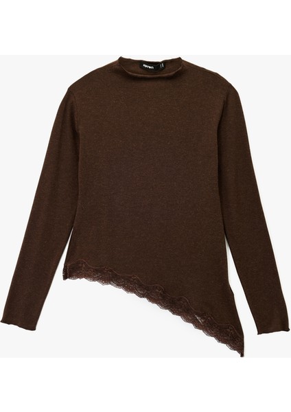 Regular Fit Uzun Kollu Asimetrik Bisiklet Yaka Dantelli Tişört