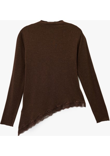 Regular Fit Uzun Kollu Asimetrik Bisiklet Yaka Dantelli Tişört fiyatları