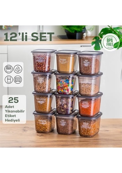 1022 12 Li Etiketli Kapaklı Dikdörtgen Gıda Erzak Bakliyat Saklama Kabı Seti - 1,3 Lt modelleri