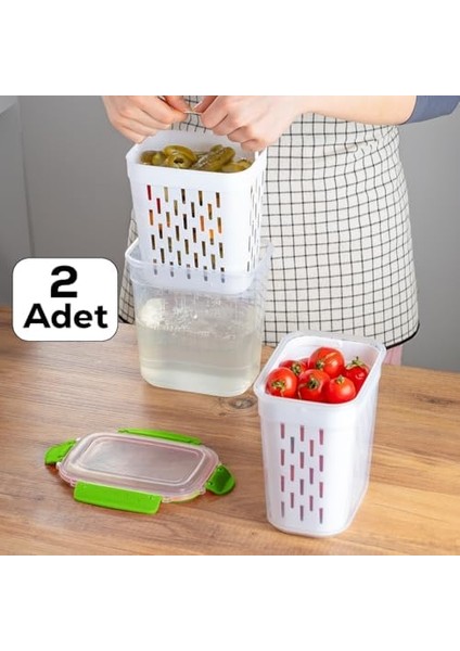 1047 2'li Fıstık Yeşili Kilitli Kapaklı Süzgeçli Turşuluk Zeytinlik Çok Amaçlı Dikdörtgen Saklama Kabı 2 L fiyatları