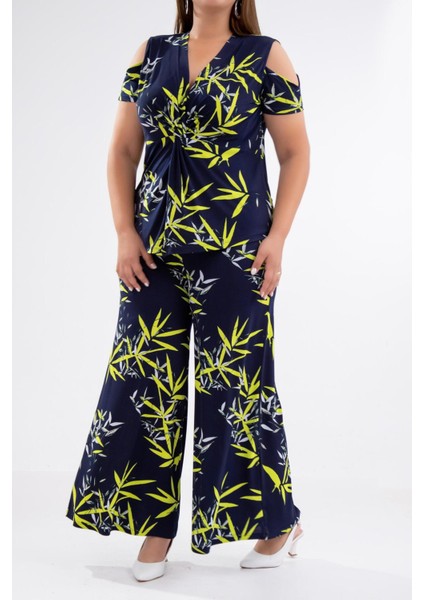 Kadın Büyük Beden Yaka Omuz Detaylı 2'li Takım Lacivert