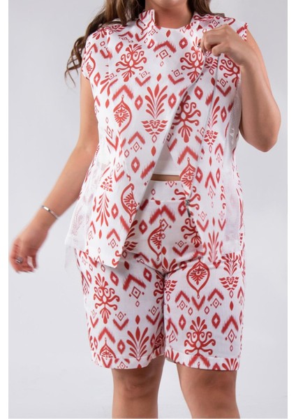 Kadın Büyük Beden Etnik Desen Fileli Kırmızı Bluz