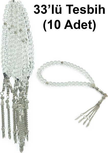 10 Adet 33LÜ Hac Umre Hediyelik Tesbih - Şeffaf Beyaz