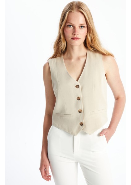 Yeni Sezon V Yaka Düz Keten Karışımlı Kadın Klasik Yelek