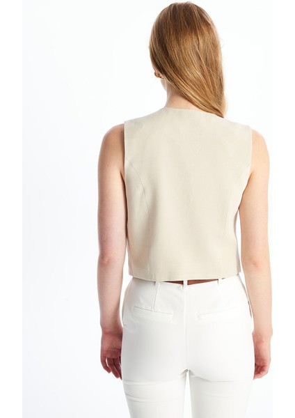 Yeni Sezon V Yaka Düz Keten Karışımlı Kadın Klasik Yelek fırsatları