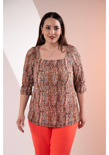 Kadın 1210934 Desenli Kol Lastikli Bluz Kiremit