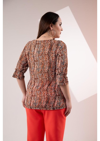 Kadın 1210934 Desenli Kol Lastikli Bluz Kiremit fiyatları