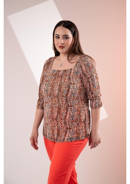 Kadın 1210934 Desenli Kol Lastikli Bluz Kiremit modelleri
