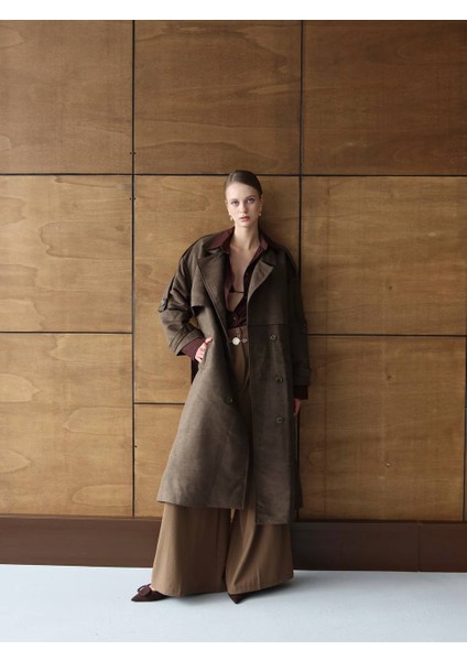 Kahverengi - Oversize Süet Görünümlü Kemerli Trençkot