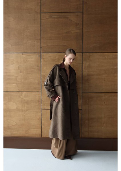 Kahverengi - Oversize Süet Görünümlü Kemerli Trençkot