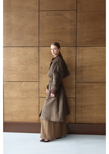 Kahverengi - Oversize Süet Görünümlü Kemerli Trençkot