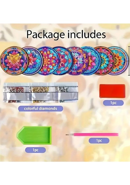 5 D Kendin Yap Bardak Altlığı 8 Li Standsız Elmas Mozaik Boyama Seti