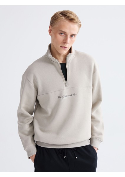 Yeni Sezon Dik Yaka Baskılı Erkek Kalın Sweatshirt