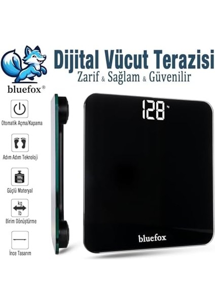 Bluefox Dijital Banyo Tartısı - 180 kg Kapasite Baskül, Büyük LED Ekran, Temperli Cam Yüzey, Hassas Ölçüm, Step-On Teknolojisi, Enerji Tasarrufu, Modern ve Minimalist Tasarım, 3 Yıl Garanti