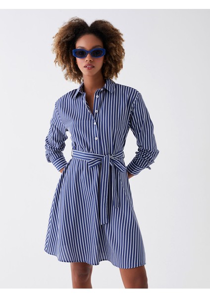 Yeni Sezon Çizgili Uzun Kollu Poplin Kadın Gömlek Elbise