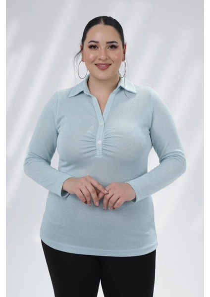 Kadın Büyük Beden Rox Simli Mavi Bluz