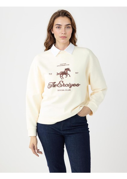 Ekru Bisiklet Yaka Uzun Kollu Desenli Modal Sweatshirt