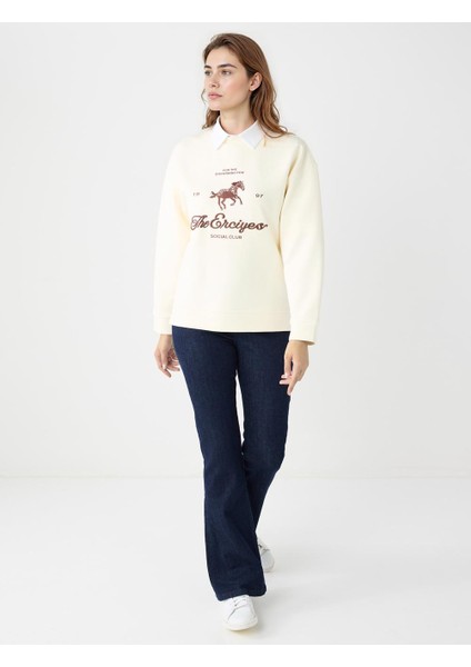 Ekru Bisiklet Yaka Uzun Kollu Desenli Modal Sweatshirt fiyatları