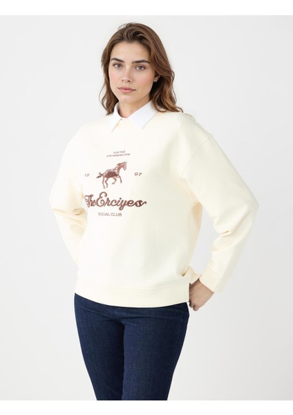 Ekru Bisiklet Yaka Uzun Kollu Desenli Modal Sweatshirt modelleri