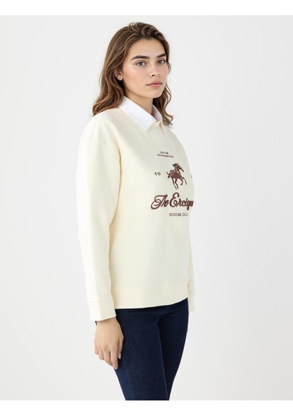 Ekru Bisiklet Yaka Uzun Kollu Desenli Modal Sweatshirt fırsatları