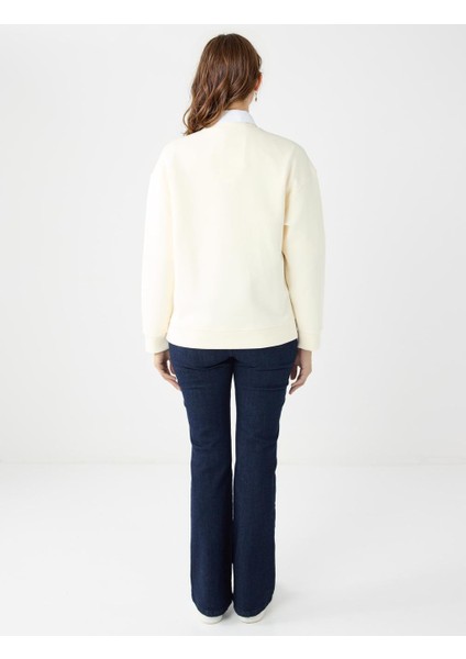 Ekru Bisiklet Yaka Uzun Kollu Desenli Modal Sweatshirt indirimleri