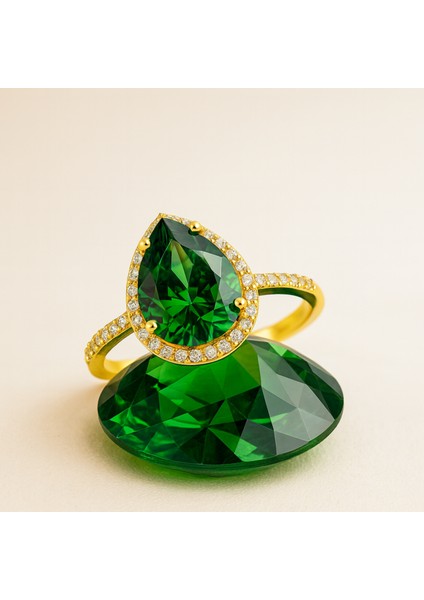14 Ayar Altın Damla Kesim Yeşil Zümrüt Yüzük, Doğum Taşı ve Evlilik Yüzüğü