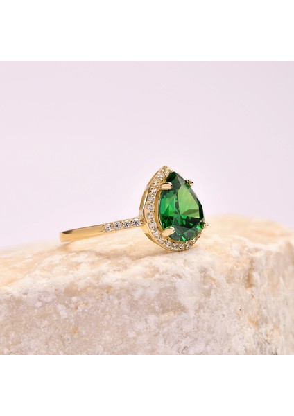 14 Ayar Altın Damla Kesim Yeşil Zümrüt Yüzük, Doğum Taşı ve Evlilik Yüzüğü modelleri