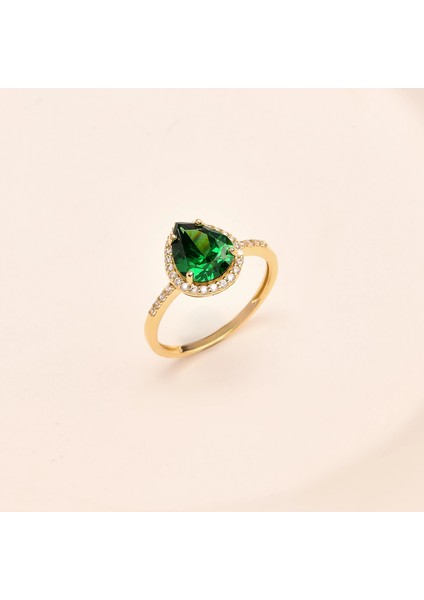 14 Ayar Altın Damla Kesim Yeşil Zümrüt Yüzük, Doğum Taşı ve Evlilik Yüzüğü indirimleri