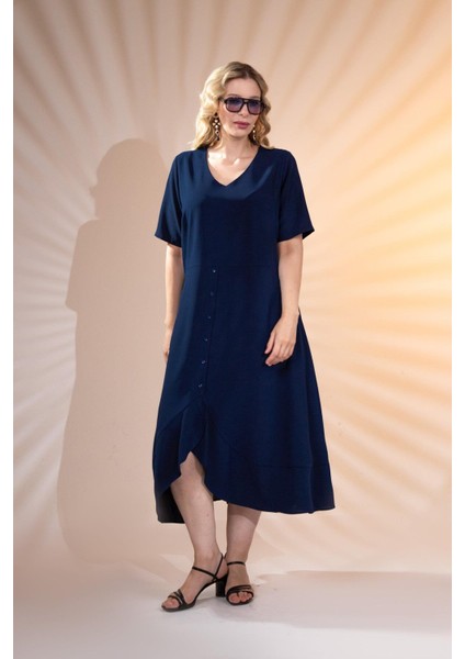 Kadın Büyük Beden Eteği Düğmeli-Volanlı Lacivert Elbise