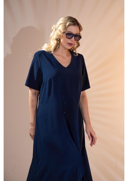 Kadın Büyük Beden Eteği Düğmeli-Volanlı Lacivert Elbise fiyatları