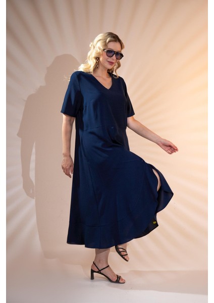 Kadın Büyük Beden Eteği Düğmeli-Volanlı Lacivert Elbise modelleri