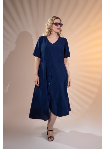 Kadın Büyük Beden Eteği Düğmeli-Volanlı Lacivert Elbise indirimleri