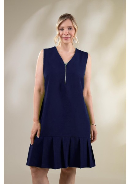 Kadın Büyük Beden Eteği Pileli Lacivert Elbise modelleri