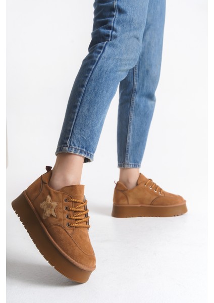 Kadın Halat Bağcıklı Süet Yıldız Detaylı Kalın Taban Bot & Bootie