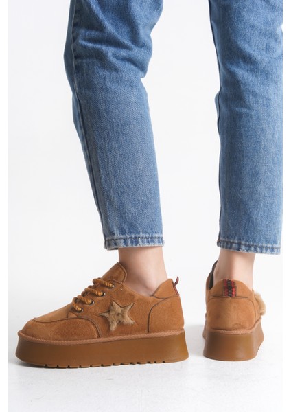 Kadın Halat Bağcıklı Süet Yıldız Detaylı Kalın Taban Bot & Bootie