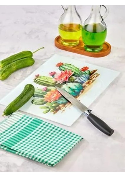Kaktüs Desenli Temperli Cam Kesme Tahtası, Mutfak Için, Hijyenik ve Dayanıklı