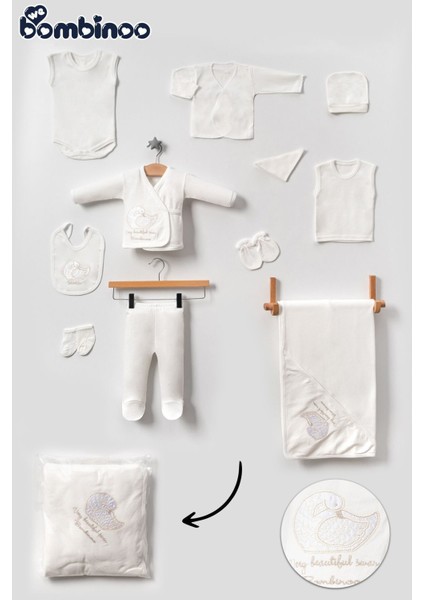 Unisex 10 Parca Yeni Doğan Hastane Çıkışı Zıbın Set Kuğu Nakışlı