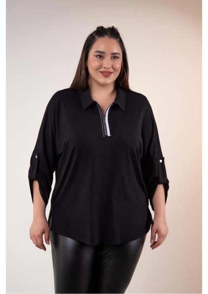 Kadın Büyük Beden Yaka Detaylı Siyah Bluz