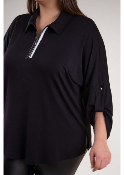 Kadın Büyük Beden Yaka Detaylı Siyah Bluz modelleri